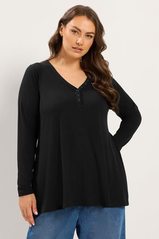 YOURS Plus Size Black Henley Ribbed Swing Top | Yours Clothing 1
