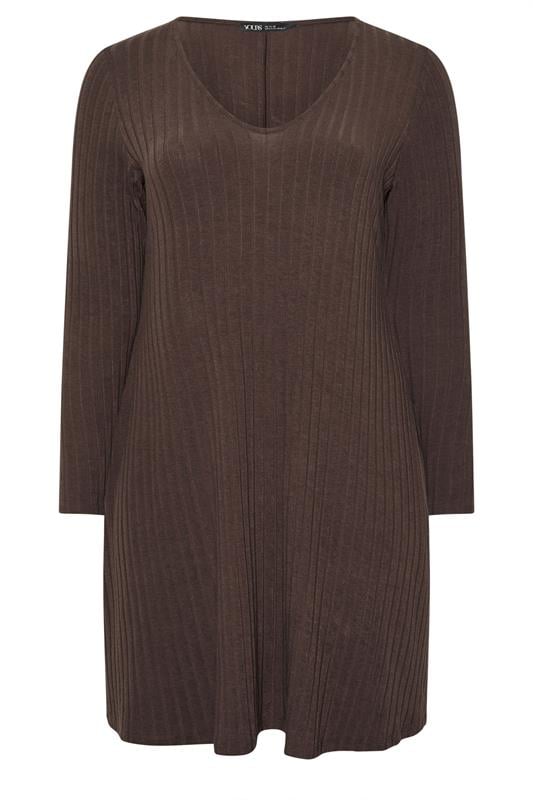 YOURS Plus Size Chocolate Brown Ribbed Flare Mini Dress | Yours Clothing 5