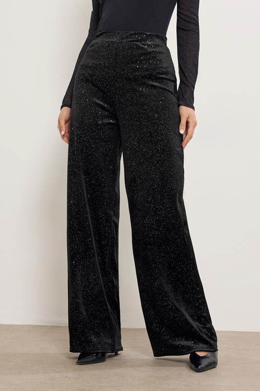 LTS Tall Black Velvet Glitter Wide Leg Trousers | Long Tall Sally  1