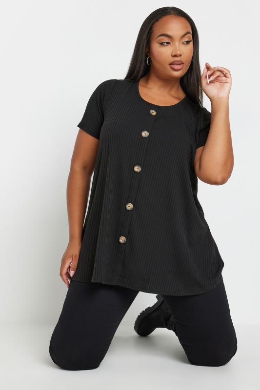 YOURS Plus Size Black Button Front Ribbed Swing Top | Yours Clothing 1