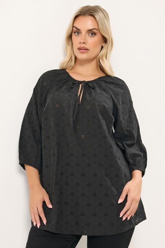  YOURS Curve Black Floral Broderie Anglaise Tie Front Top