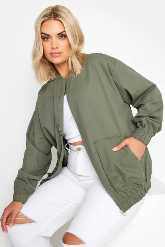 YOURS Plus Size Khaki Green Twill Bomber Jacket | Yours Clothing 1