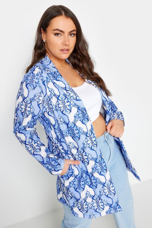 YOURS Plus Size Blue Tile Print Blazer | Yours Clothing 1