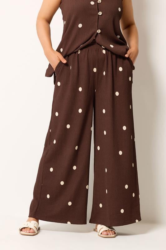 YOURS Curve Chocolate Brown Polka Dot Crinkle Trousers