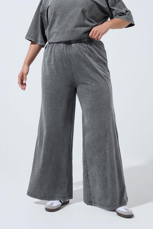 LIMITED COLLECTION Plus Size Grey Acid Wash Wide Leg Trousers | Yours Clothing 1