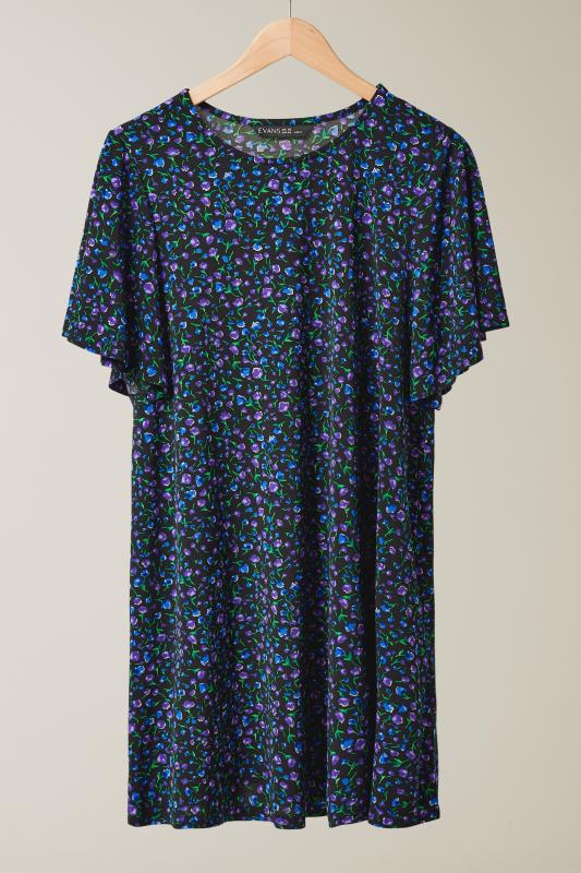 EVANS Plus Size Navy Blue Ditsy Floral Angel Sleeve Top | Evans 5