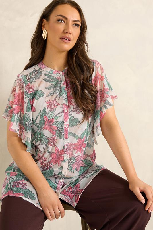  EVANS Curve Green Floral Frill Sleeve Blouse