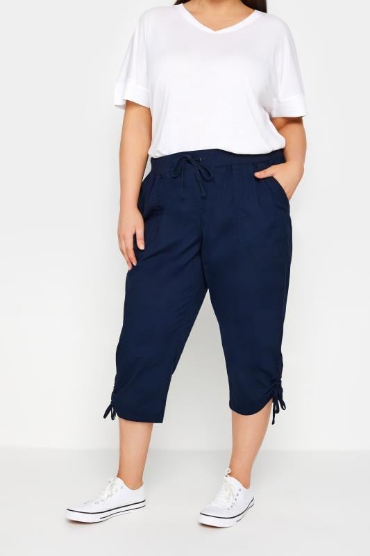 Plus Size  Evans Navy Blue Elasticated Waist Cropped Trousers