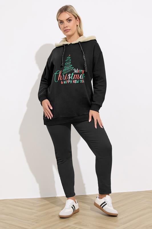 YOURS Plus Size Black 'Merry Christmas' Glitter Tree Novelty Hoodie | Yours Clothing 1