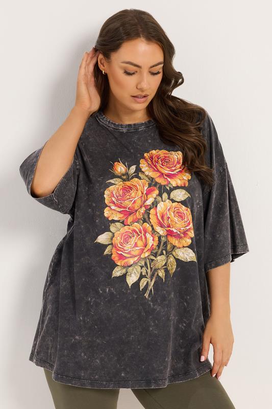 YOURS Plus Size Grey Acid Wash Rose Boxy T-Shirt | Yours Clothing 1