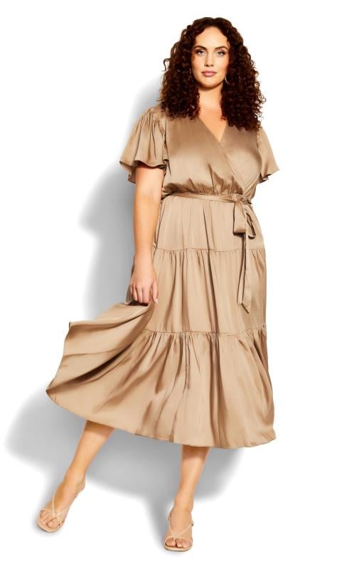 Plus Size  City Chic Gold Satin Tiered Wrap Maxi Dress