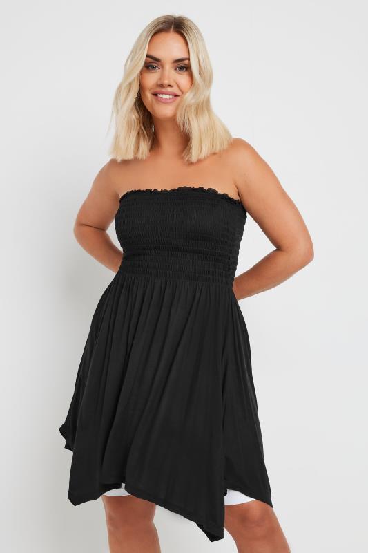 YOURS Plus Size Black Shirred Bandeau Longline Top | Yours Clothing 1