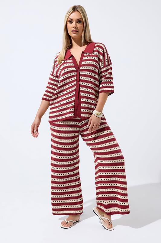  LIMITED COLLECTION Curve Burgundy Red Stripe Crochet Wide Leg Trousers