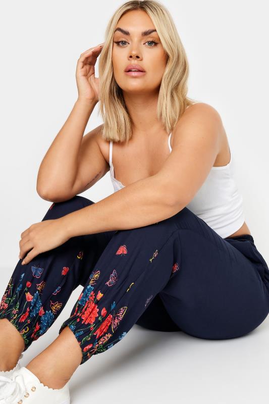 YOURS Plus Size Navy Blue Butterfly Print Border Joggers | Yours Clothing 5