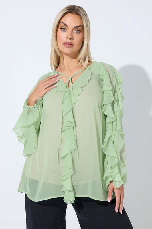  LIMITED COLLECTION Curve Sage Green Frill Chiffon Blouse