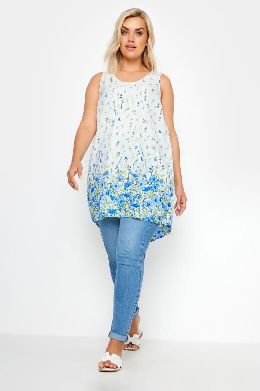 YOURS Plus Size White & Blue Floral Print Dipped Hem Pleated Vest | Yours Clothing 2