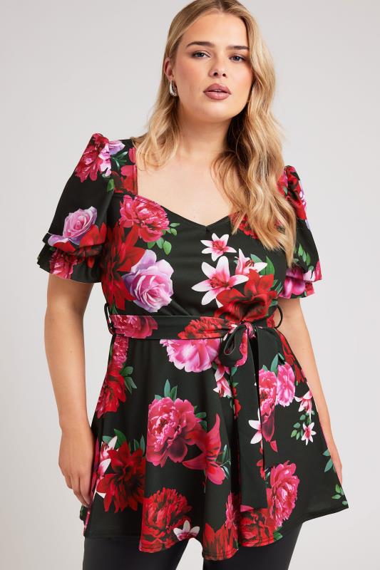 YOURS LONDON Plus Size Black & Pink Floral Print Peplum Top | Yours Clothing 1