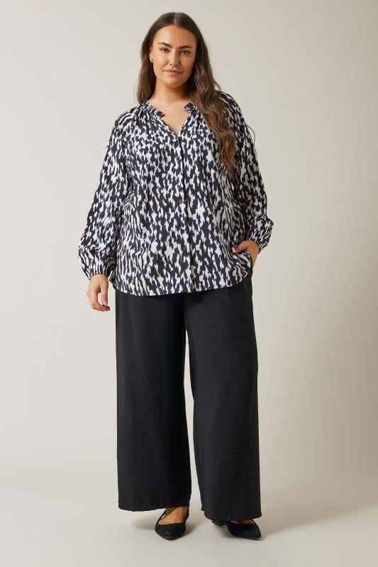 EVANS Plus Size Black & White Abstract Print Frill Neck Blouse | Evans 3