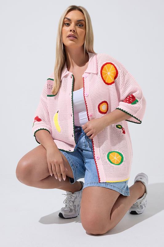 LIMITED COLLECTION Plus Size Pink Fruit Knitted Shirt | Yours Clothing 1