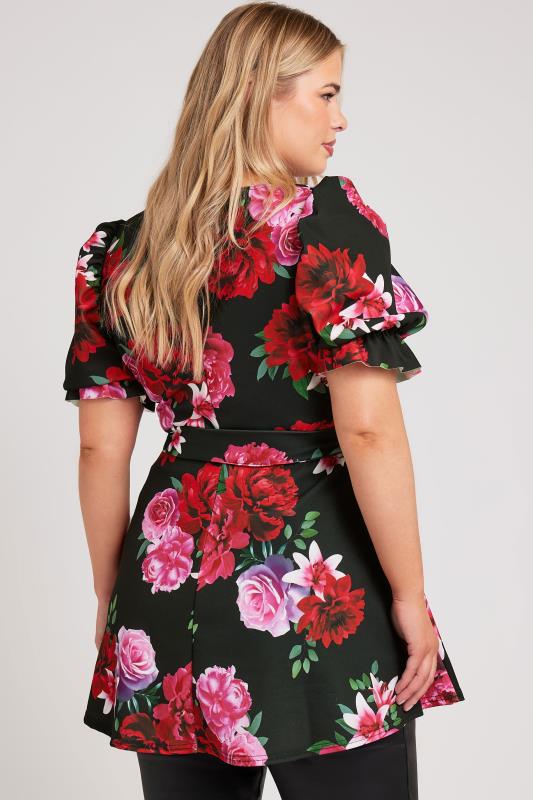 YOURS LONDON Plus Size Black & Pink Floral Print Peplum Top | Yours Clothing 4