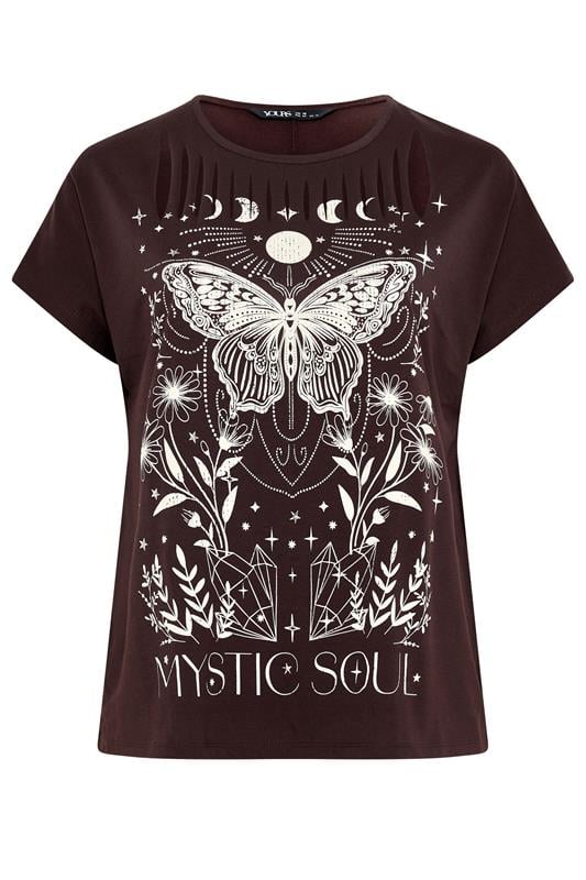 YOURS Plus Size Brown 'Mystic Soul' Laser Cut Slogan T-Shirt | Yours Clothing 5