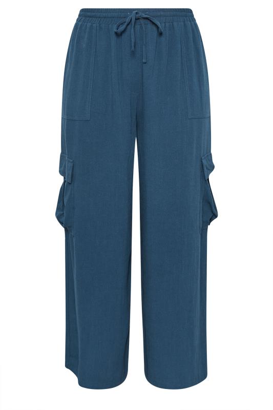 YOURS Plus Size Navy Blue Linen Look Cargo Trousers | Yours Clothing 5