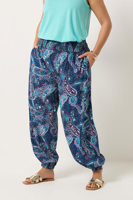  YOURS Curve Blue Paisley Print Balloon Trousers
