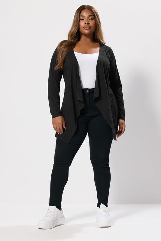 YOURS Plus Size Black Ribbed Waterfall Cardigan | Yours Clothing 1