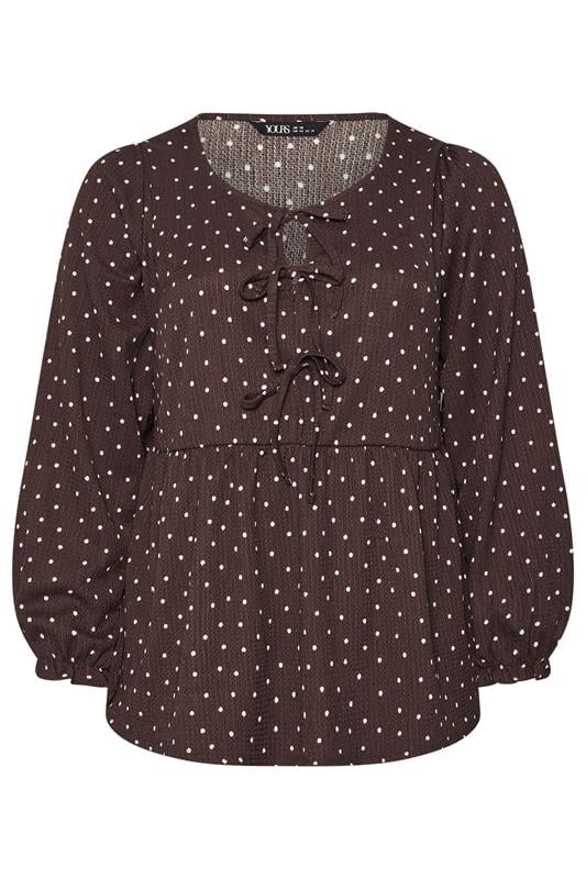 YOURS Plus Size Chocolate Brown Polka Dot Textured Peplum Top | Yours Clothing 5