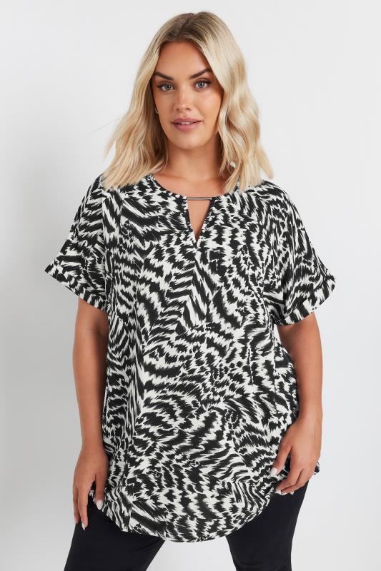 YOURS Plus Size Black & White Abstract Print Notch Neck Blouse | Yours Clothing  1