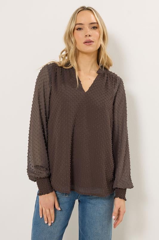 Tall  LTS Tall Brown Dobby Spot Shirred Cuff Top