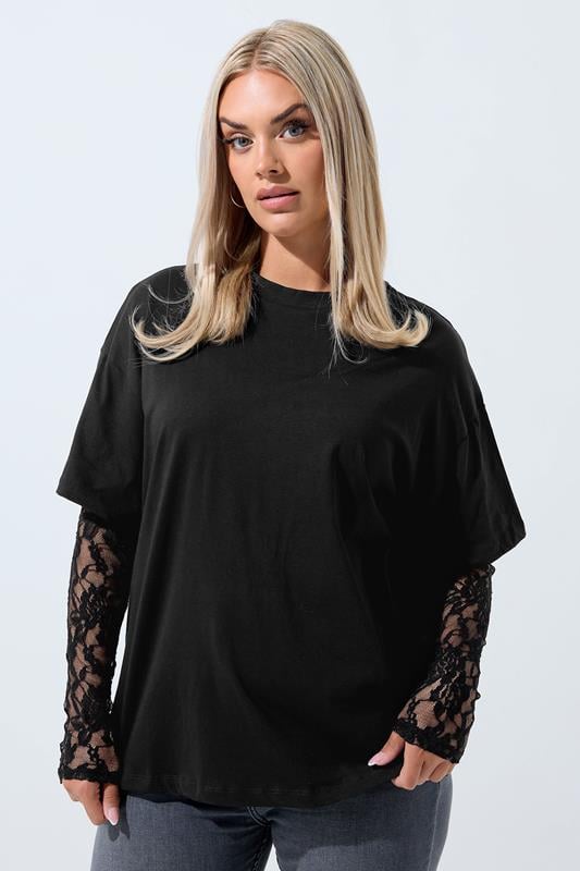 LIMITED COLLECTION Curve Black Lace Long Sleeve T-Shirt