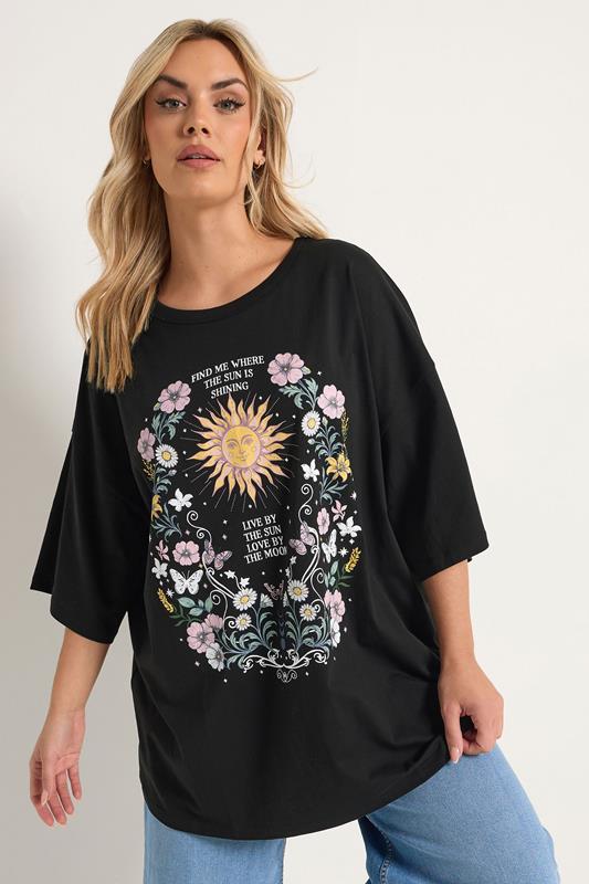 YOURS Curve Black Floral & Sun Graphic Boxy T-Shirt