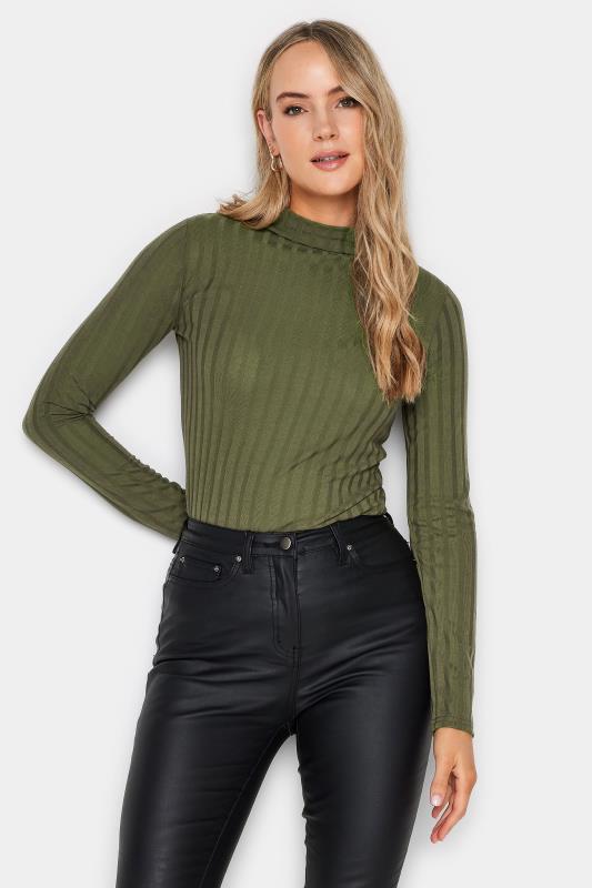 LTS Tall Women's Khaki Green Ribbed High Neck Top | Long Tall Sally 2