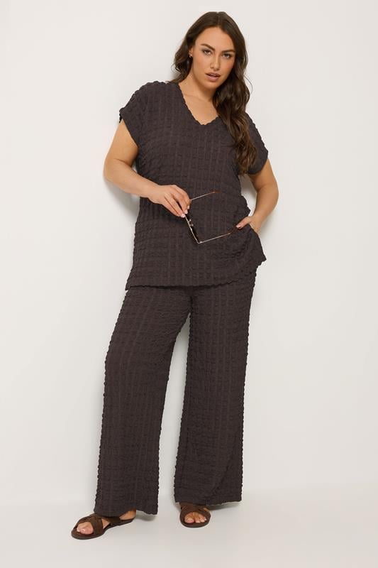 YOURS Curve Set Chocolate Brown Bubble Textured Top & Trousers