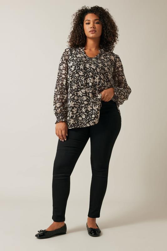 EVANS Plus Size Black & Natural Brown Floral Print Tie Neck Blouse | Evans 2