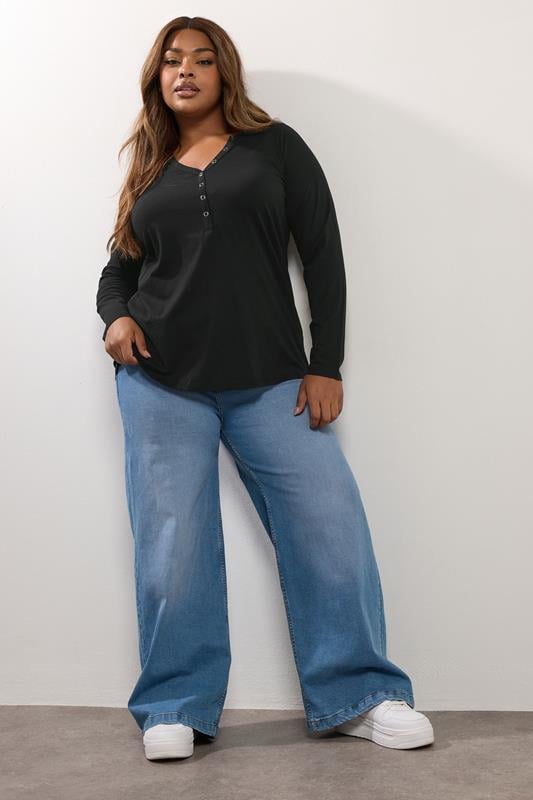 YOURS Plus Size Black Henley Top | Yours Clothing 1