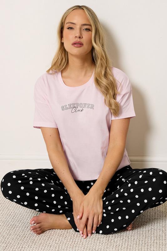 LTS Tall Women's Pink 'Sleepover Club' Slogan Cotton Wide Leg Pyjama Set | Long Tall Sally 1