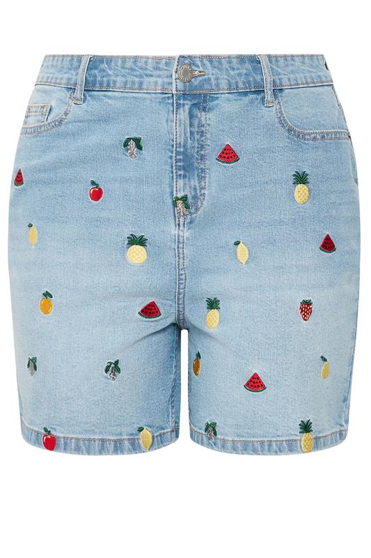 LIMITED COLLECTION Plus Size Blue Embroidered Fruit Denim Shorts | Yours Clothing 5