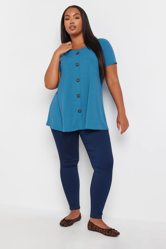 YOURS Plus Size Blue Button Front Ribbed Swing Top | Yours Clothing 2