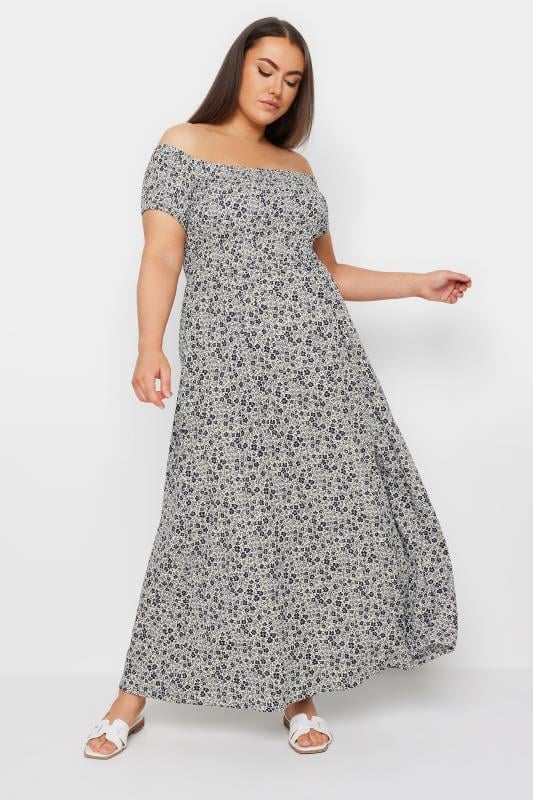 YOURS Plus Size Grey Floral Print Bardot Midaxi Dress | Yours Clothing 1