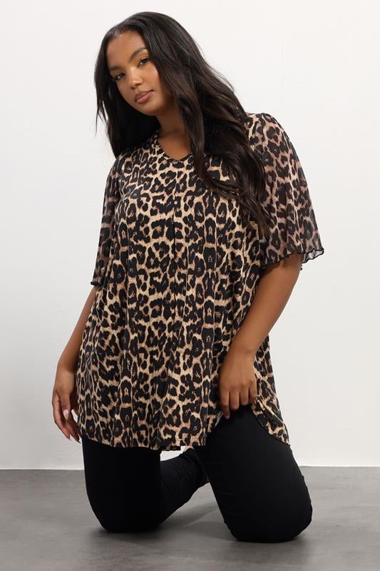  YOURS Curve Brown Leopard Pleat Front Top