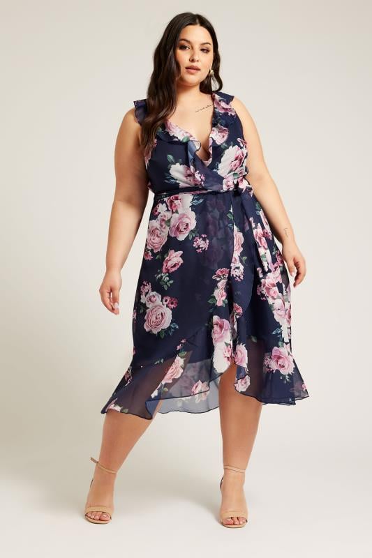 Plus Size  YOURS LONDON Curve Navy Blue Floral Ruffle Wrap Dress