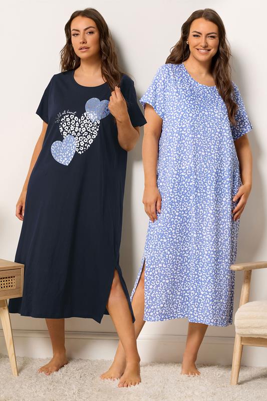  YOURSET Curve 2 PACK Blue Leopard Heart Midaxi Nightdresses