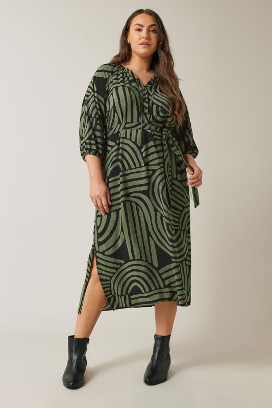 Plus Size  EVANS Curve Khaki Green Abstract Print Midi Dress