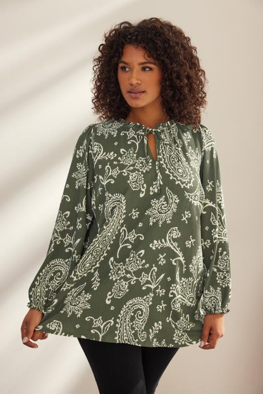 EVANS Plus Size Khaki Green Paisley Print Crepe Tie Neck Blouse | Evans 1