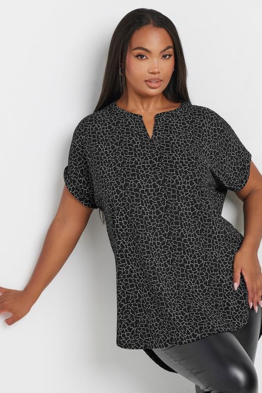 YOURS Plus Size Black Leopard Print Notch Neck Top | Yours Clothing  1