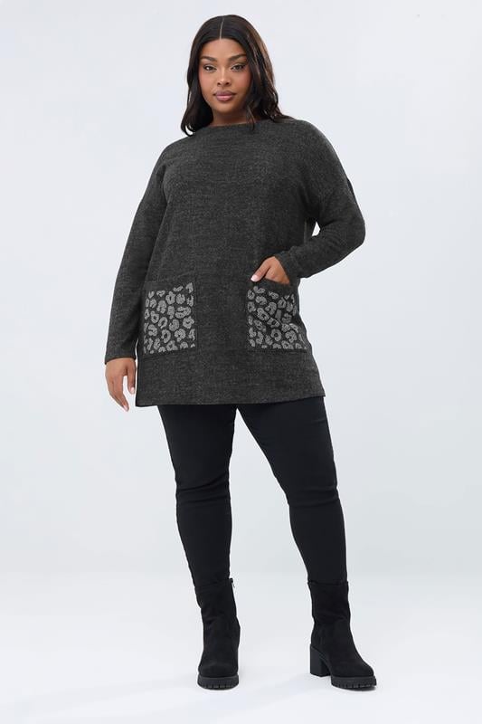 YOURS Plus Size Grey Leopard Diamante Embellished Pocket Top | Yours Clothing 1