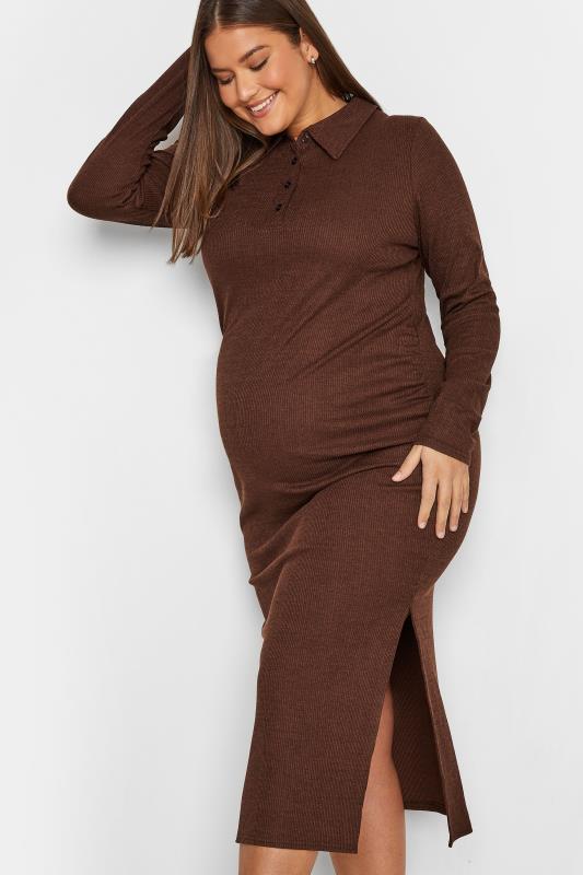 LTS Maternity Brown Ribbed Polo Midi Dress | Long Tall Sally 4