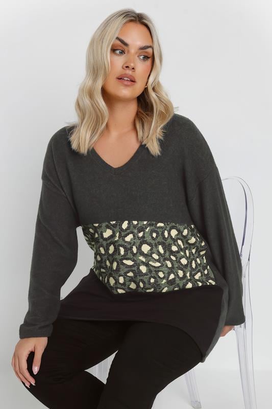 Plus Size  YOURS Curve Charcoal Grey Leopard Print Colourblock Jumper